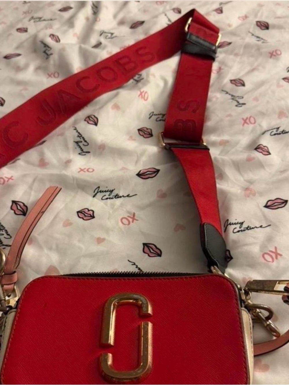Marc Jacobs Red Crossbody Camera Bag with Gold Hardware and Logo Strap